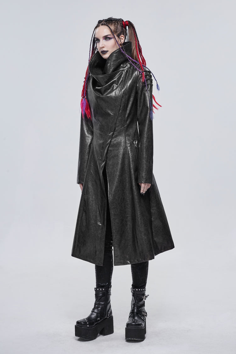 Black/Gray Large Neckline Design Long Leather Shoulder String Decoration Women's Punk Jacket