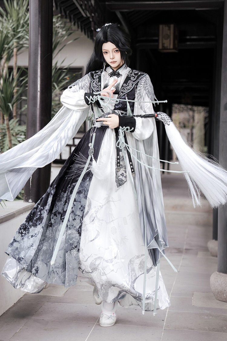 黒/白 [カササギの羽] スタンドカラー長袖ハイウエストプリント刺繍女性の古典的な漢服ドレスセット