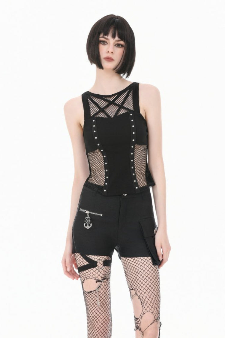 Débardeur noir Punk sans manches clouté pentagramme en maille transparente pour femmes