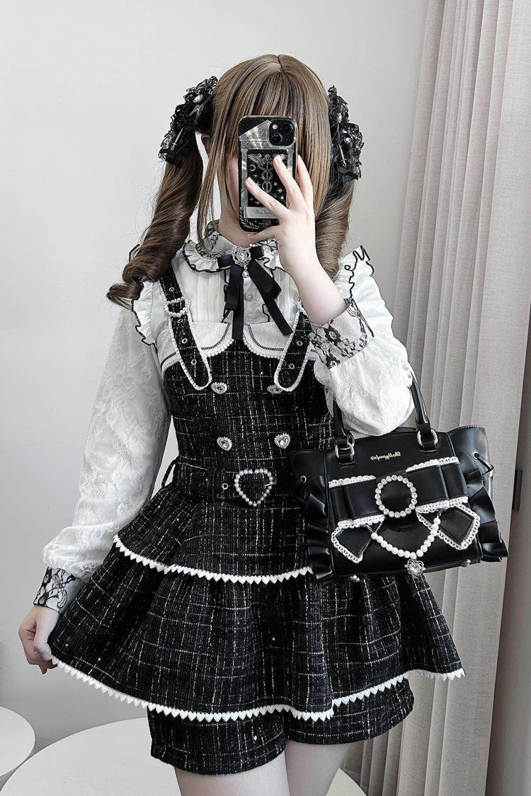 ブラックチェック柄プリントパール装飾スイートジライケイ和ストラップドレスセット