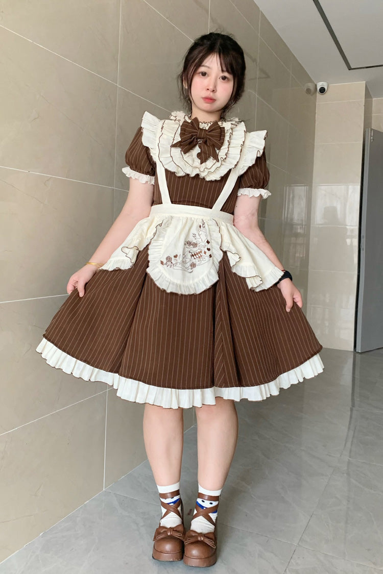 Braunes Kurzarm Streifenmuster Rüschen Schleife Süßes Plus Size Dienstmädchen Lolita Kleid 
