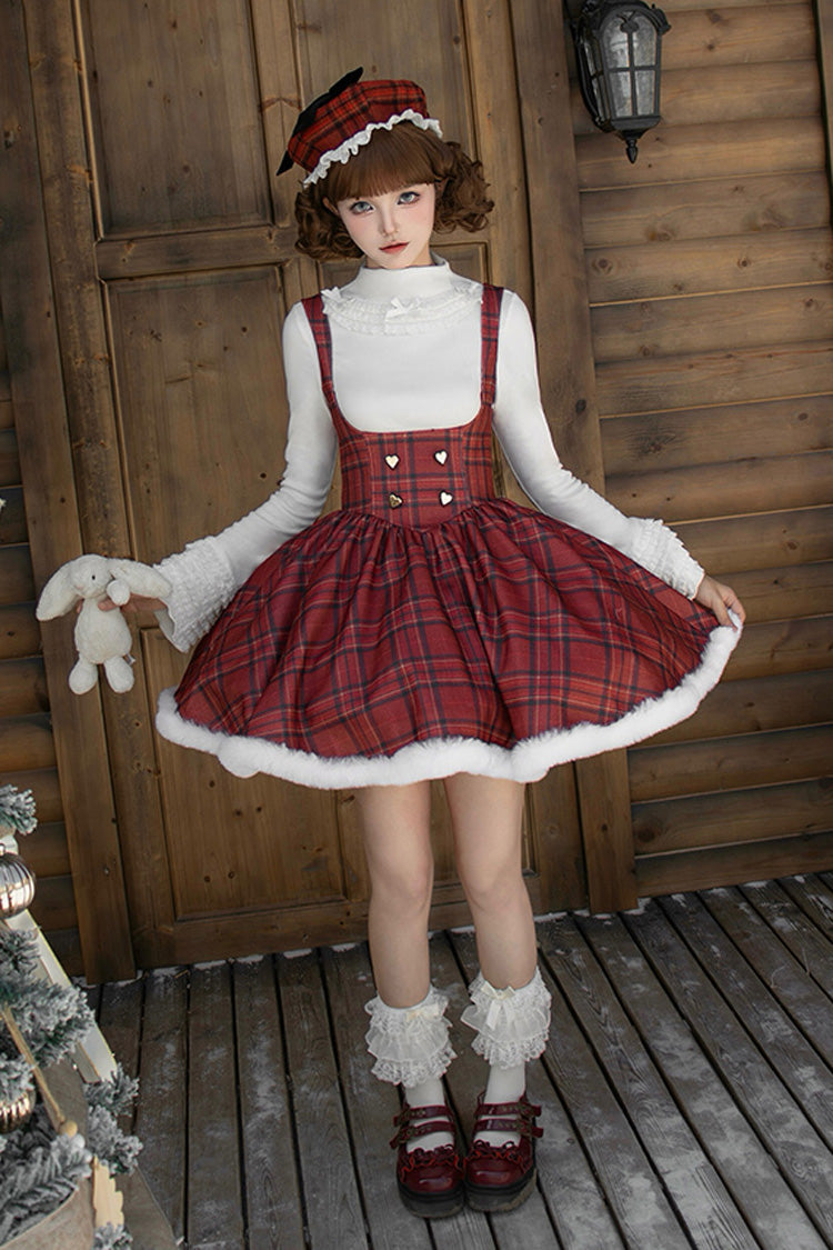 Red Striped Plaid Print Fall Winter Fishbone Sweet Corset Lolita Dress 2 Versions
