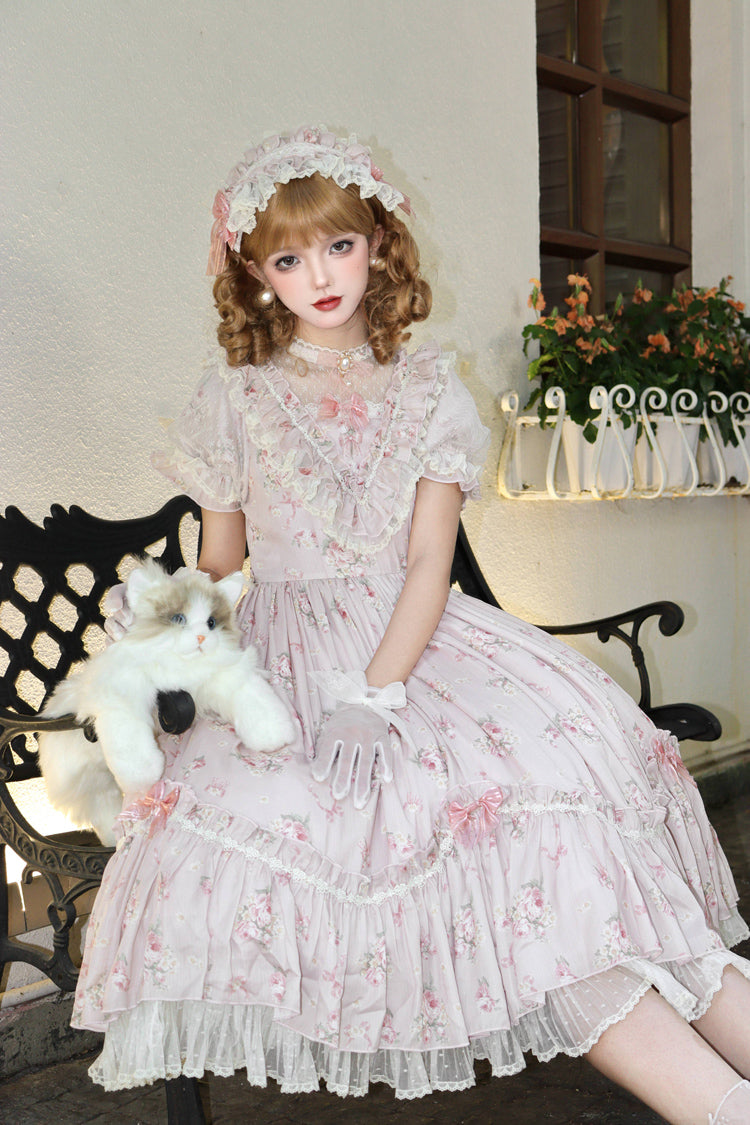 [Daydream Rose] Kurzärmliges Kleid mit Blumen-Jacquard-Print, Rüschenstickerei, Schleifenknoten, Sweet Lolita, in 3 Farben 