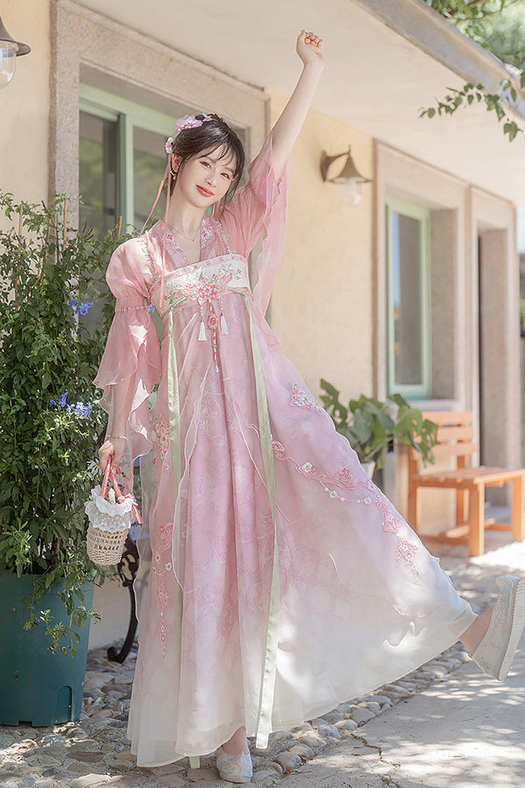 ピンクの唐王朝 V 襟ハイウエスト刺繍女性のデイリースイート漢服ドレス セット