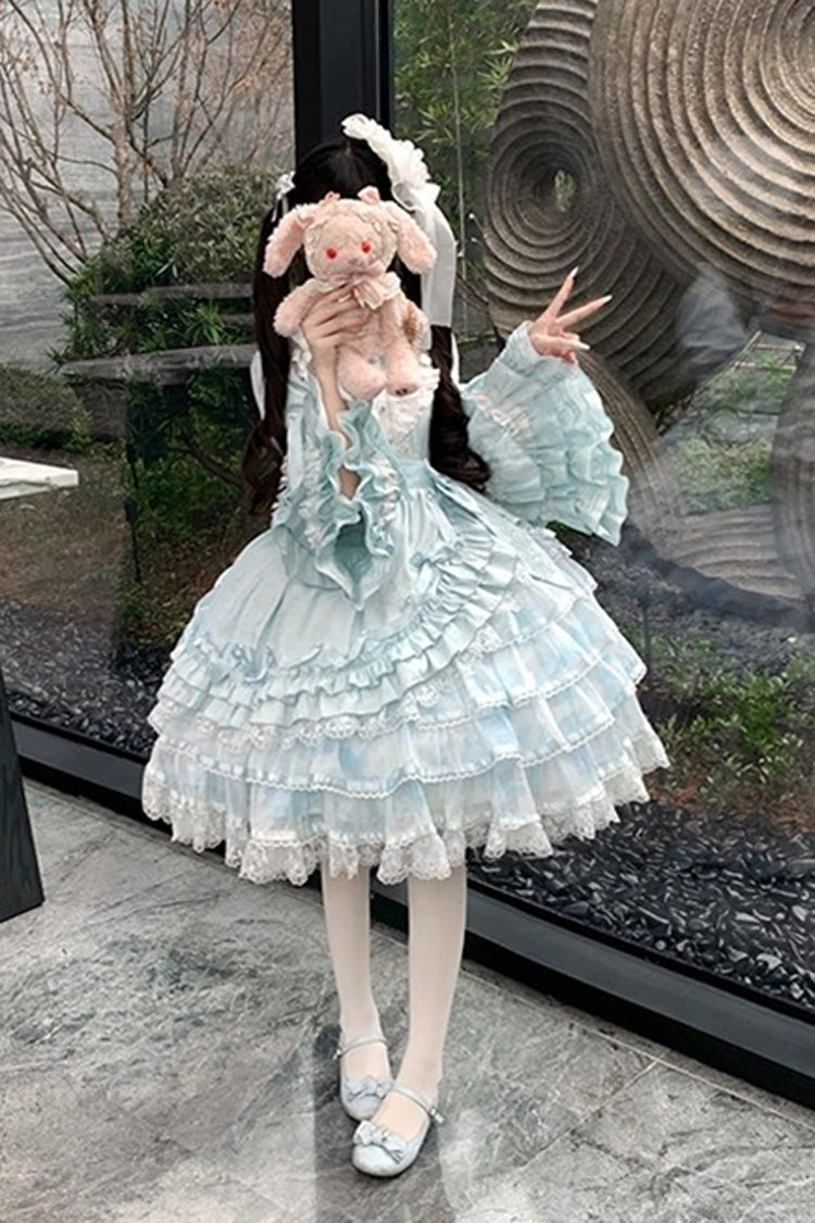 Blue [The Soloist Doll] Long Hime Sleeves Multi-Layered Print Ruffle Bowknot Asymmetric Sweet Lolita Dress