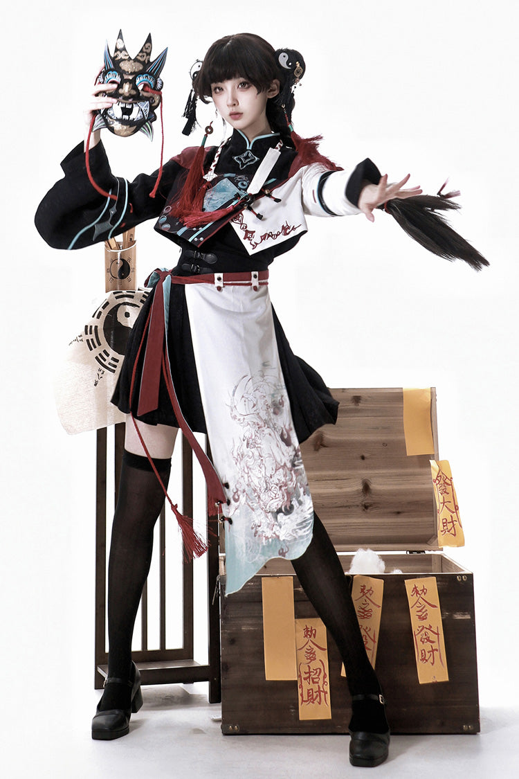 Multi-Color [Walking With The Demon] Print Asymmetric Gothic Chinese Style Ouji Lolita Skirt