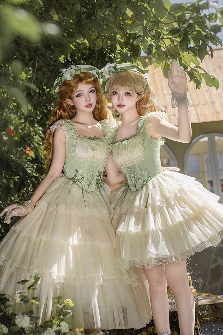 Vert [Lettres et poèmes · Murmure du muguet] Col carré Robe multicouche à volants brodés en arête de poisson Sweet Lolita Jsk 2 versions