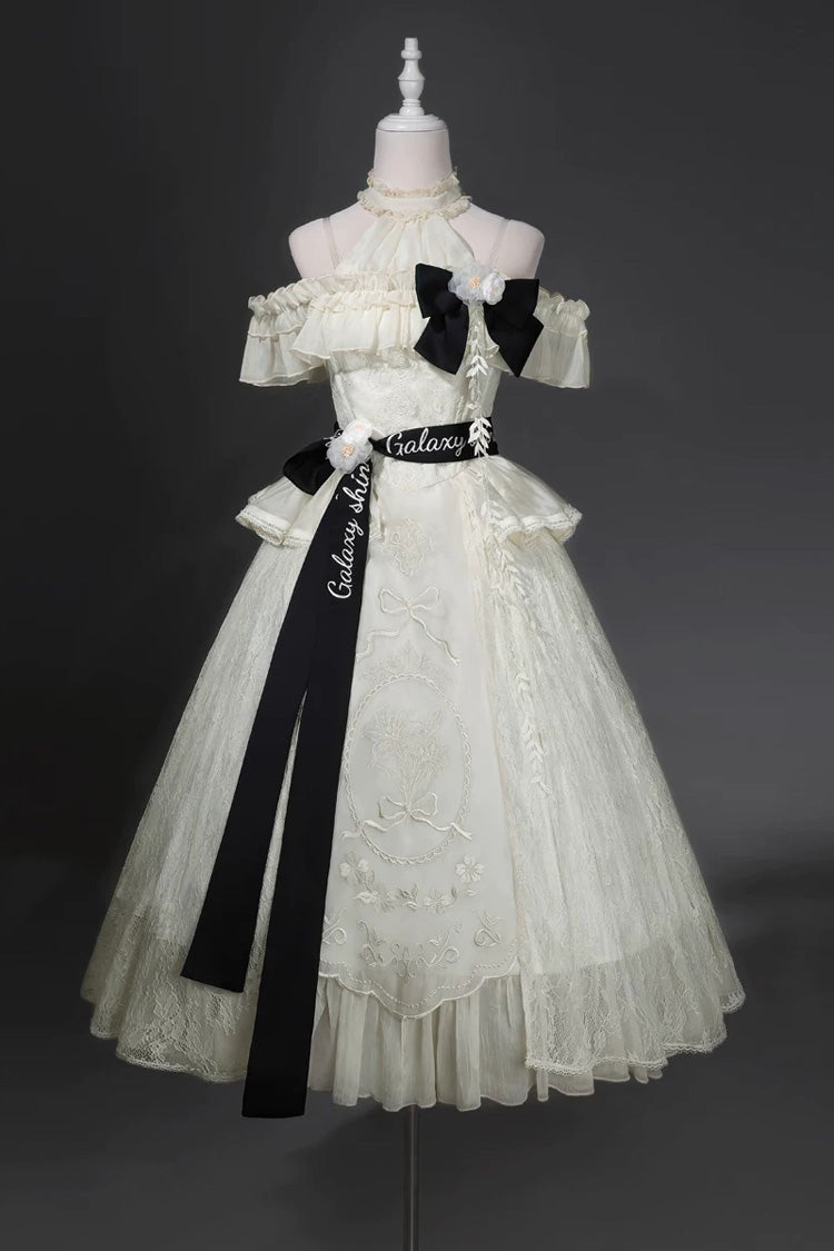 Robe blanche Lolita Jsk classique avec nœud brodé à volants et col licou [Glass Flower House]