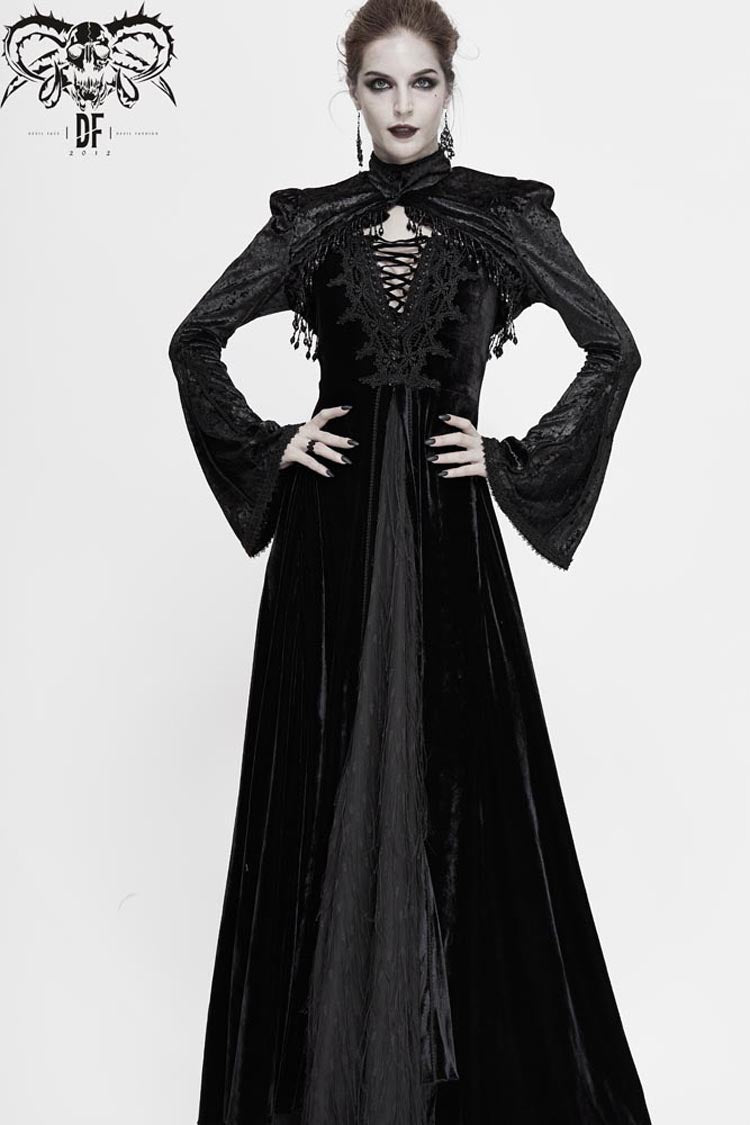 Schwarzer Spitzensamt-Blasen-Trompetenärmel-Gothic-Schal für Damen