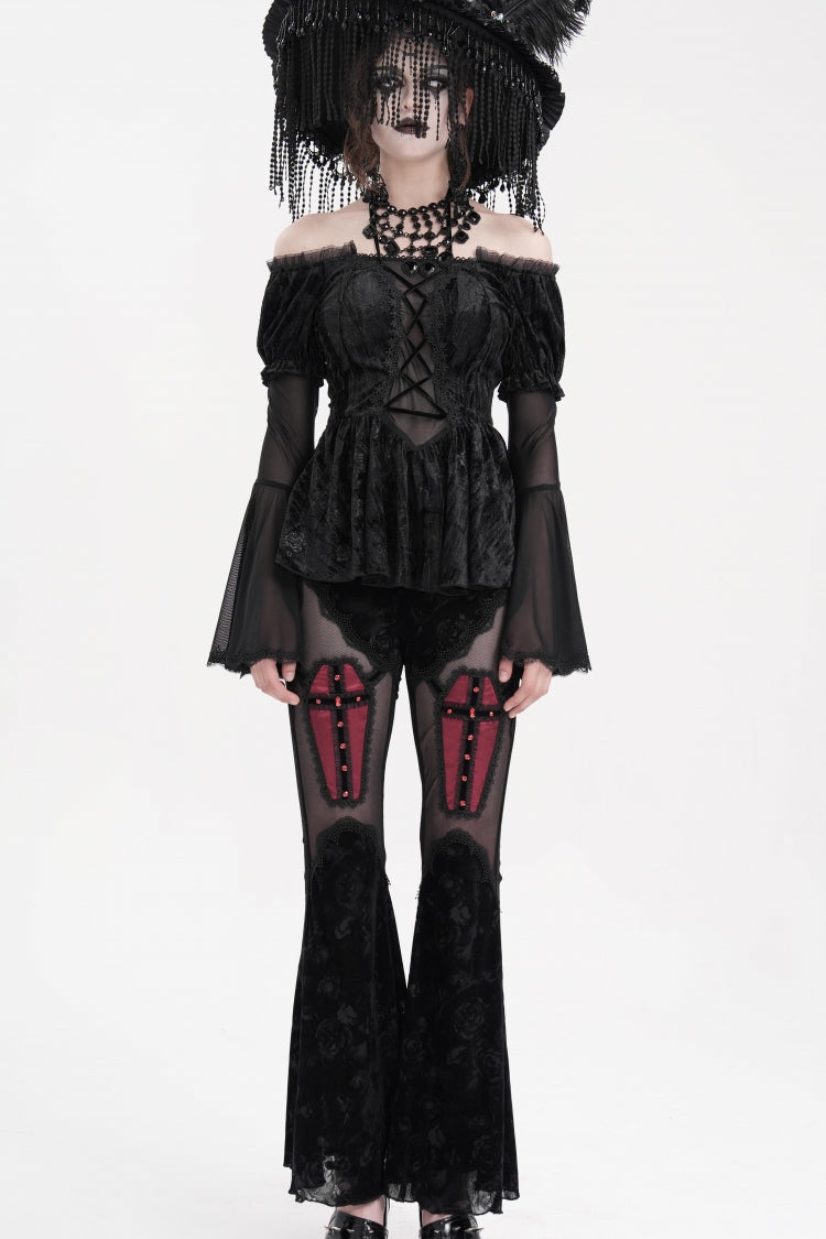 Black Halterneck Long Sleeves Hollow Lace-Up Mesh Women's Gothic Blouse