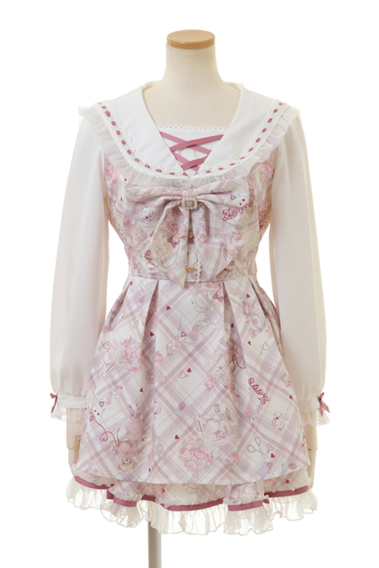 [Sewing Bear] Long Sleeves Print Bowknot Lace Sweet Jirai Kei Plus Size Dress 3 Colors