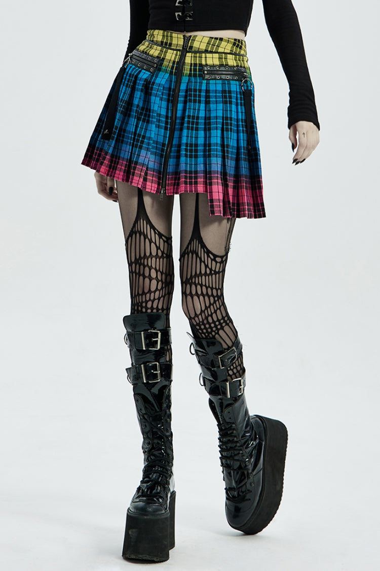 Multi-Color Plaid Print Pockets Zipper Irregular Women's Steampunk Skirt