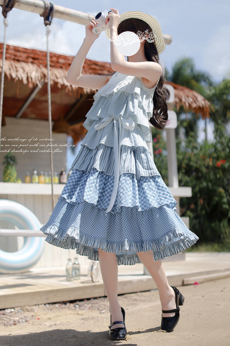 Blue [Go To The Beach] Multi-Layered Print Ruffle Holiday Sweet Lolita Jsk Dress
