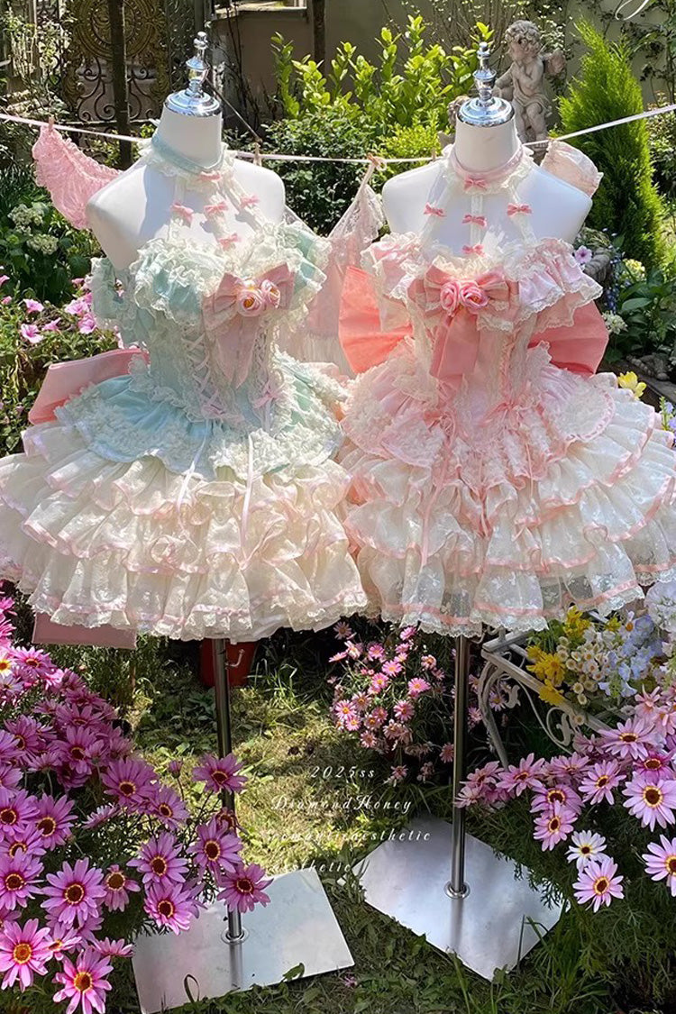 Pink [Flower Language of Eros] Halterneck Multi-Layered Ruffle Bowknot Rose Lace Lace-Up Sweet Ballet Lolita Jsk Dress