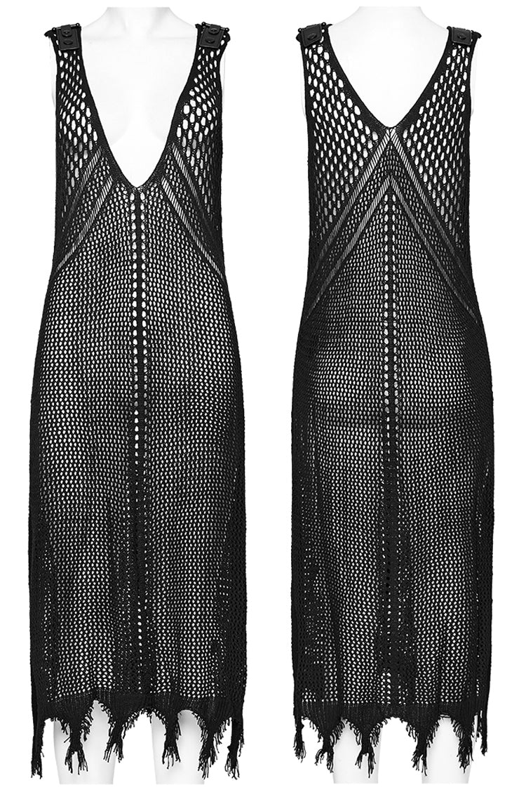Black V Collar Sleeveless Plunging Mesh Women's Gothic Dress