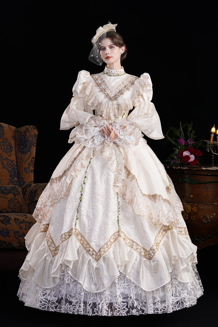 Champagne Stand Collar Long Sleeves Jacquard Wedding Style Open-Front Lace Sweet Princess Royal Lolita Victorian Dress