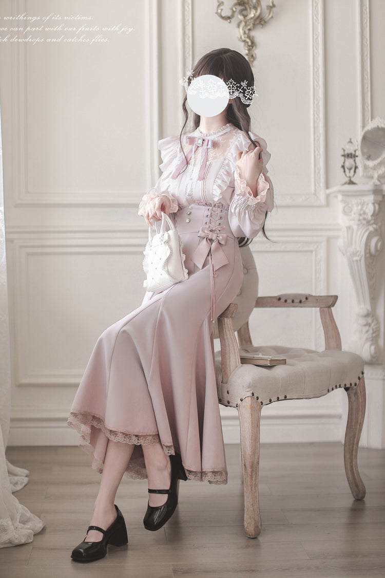 Pink Ruffle Bowknot Slim Sweet Elegant Lolita Fishtail Skirt Dress