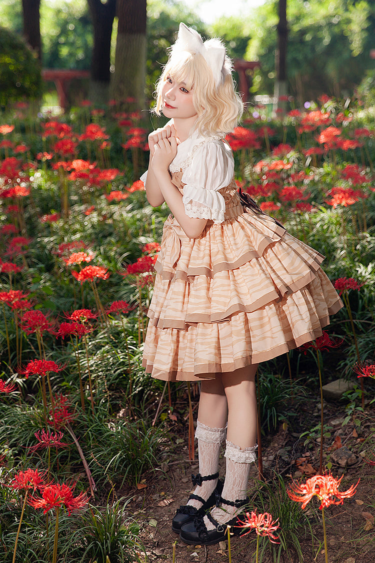 Aprikose [Cloth Cat] Süßes Lolita-Kleid mit dreilagigem Druck, Rüschen und Schleife