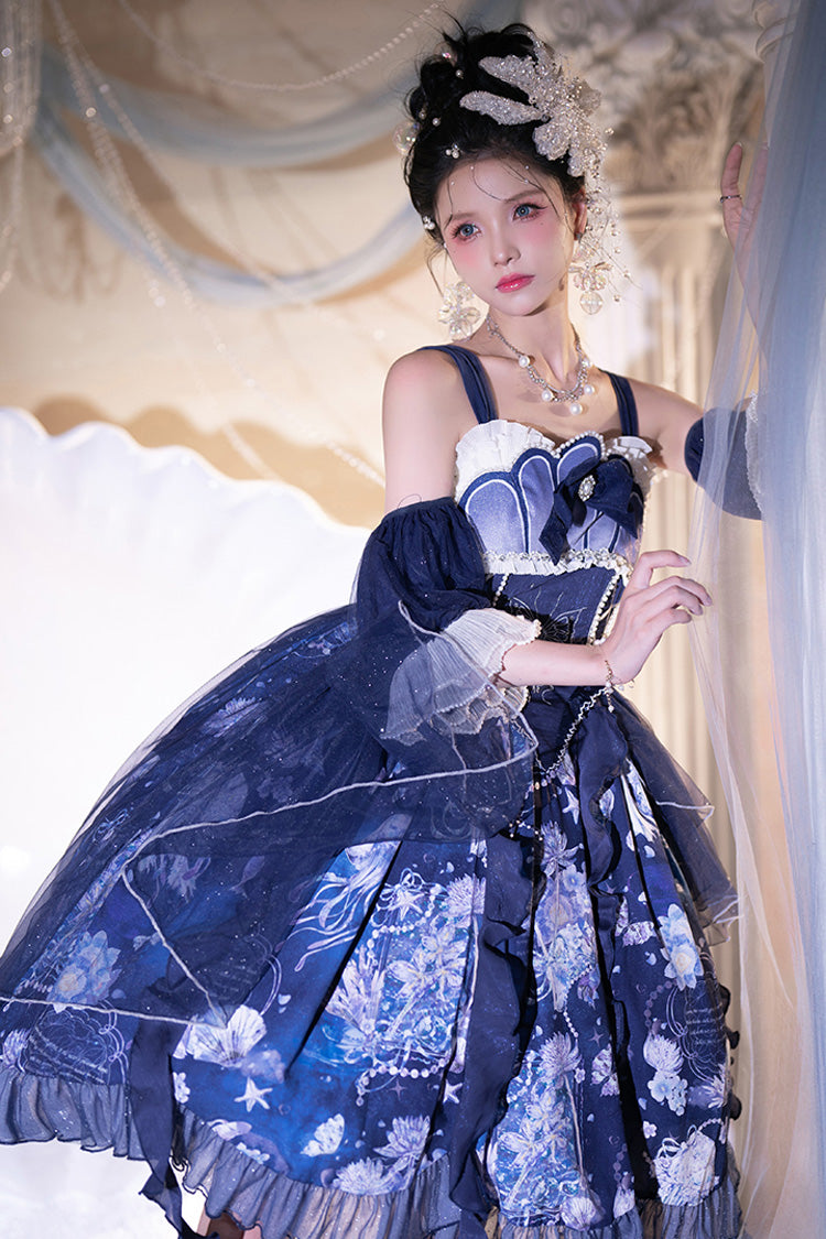 Blaues [Tiefseequallen] Print Rüschenspitze Süßes Elegantes Lolita Jsk Kleid