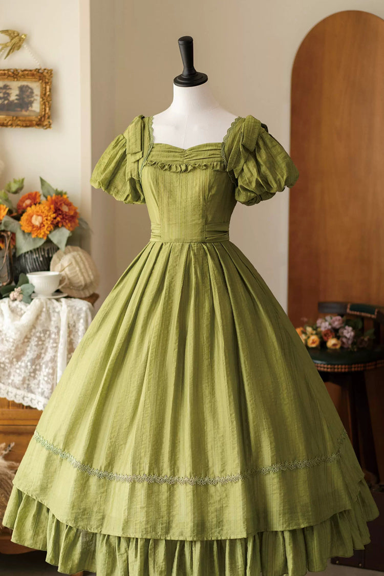 Grün [Forest Gallery] Quadratischer Kragen, kurze Ärmel, gerüschte Schleife, klassisches, elegantes Vintage-Lolita-Kleid