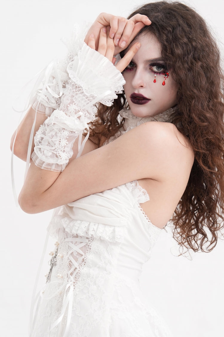 Weiße Schleife Spitze Schnürung Mesh Öse Damen Gothic Wunderschöne Palast Armstulpen