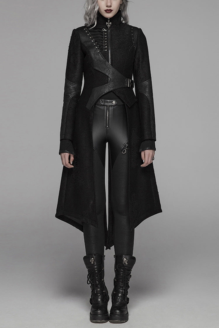 Black Stand Collar Long Sleeves Asymmetric Design Stitching Irregular Womens Steampunk Coat