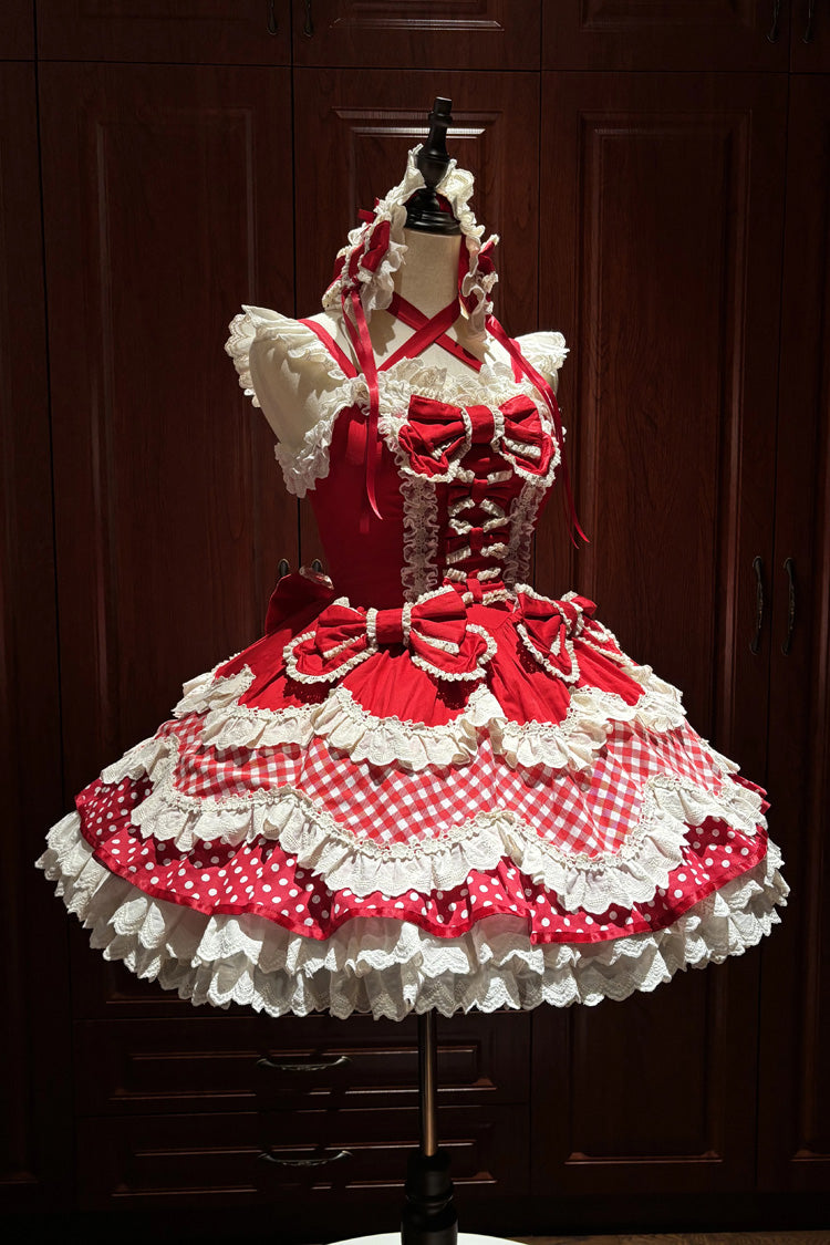 Roter Neckholder mit quadratischem Kragen, ärmellos, mehrlagig, gepunktet, bedruckt, gerüschte Schleife, gespleißte Spitze, süßes Lolita JSK-Kleid-Set