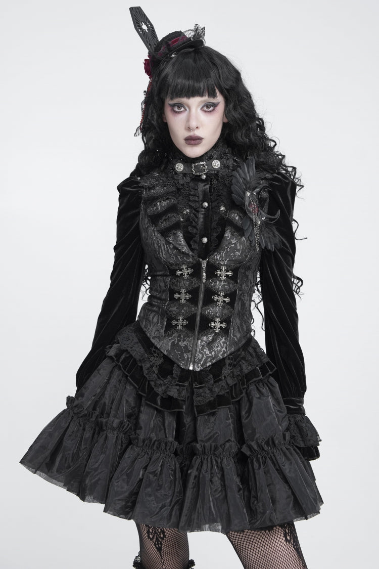 Luxuriöse königliche Schwalbenschwanzweste für Damen im Gothic-Stil mit schwarzem Reverskragen, Jacquard, schmale Passform und Reißverschluss