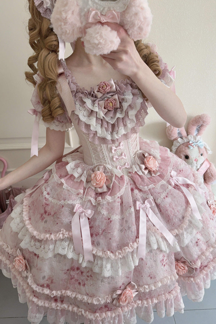 Pink [Rose Manor] Short Puff Sleeves Ruffle Bowknot Lace Sweet Japanese Princess Lolita Dress