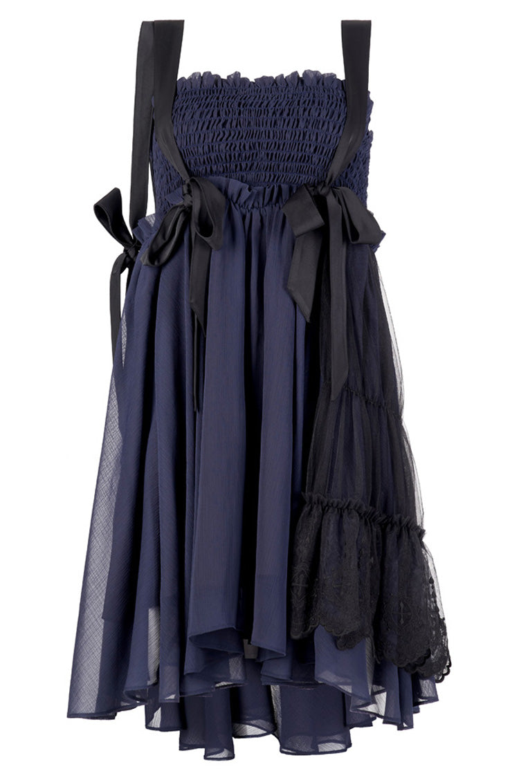 Blue Strap Big Bow Streamer Super Cool Stitching Lace Suspender Women's Gothic Dress