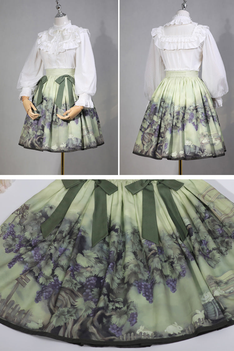 Green Grapes and Vines Print Bowknot Lolita Skirt