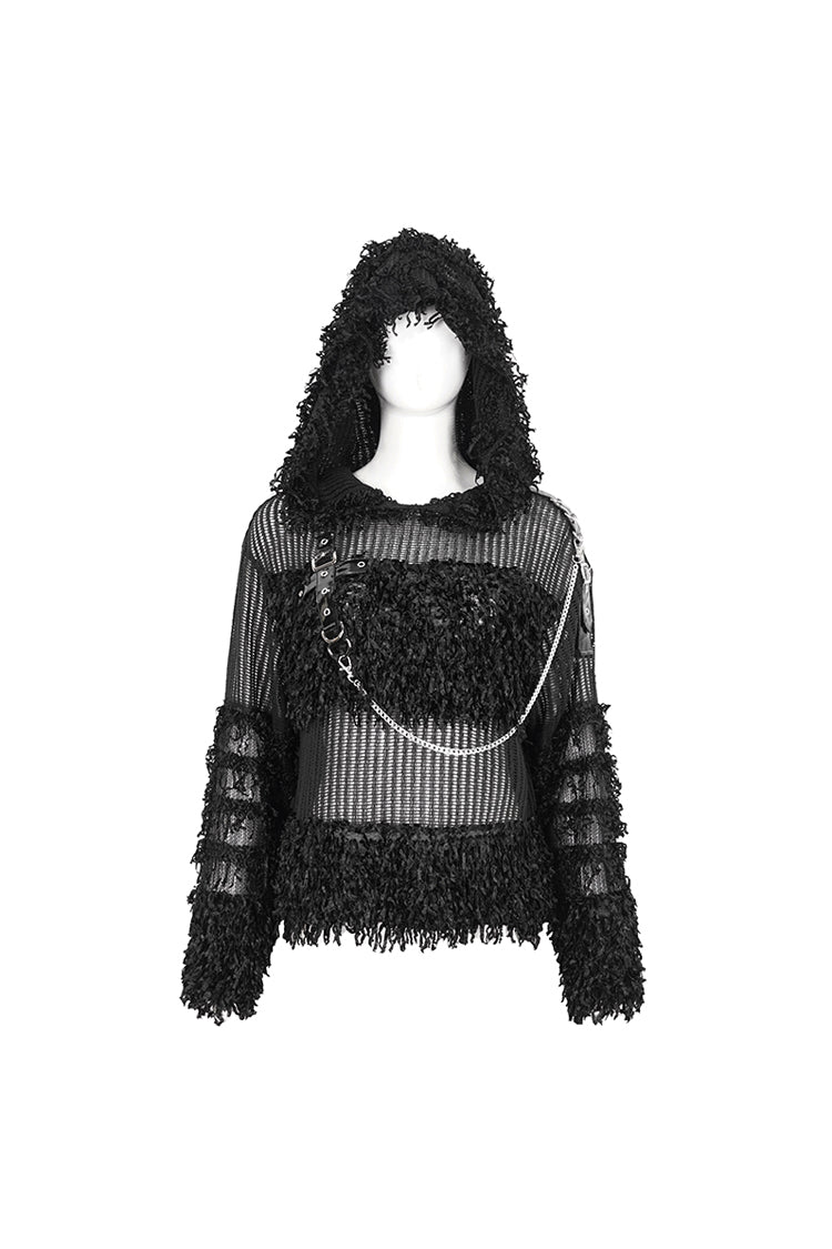 Black Segmented Mesh Matching Chain Women's Punk Hooded Sweater