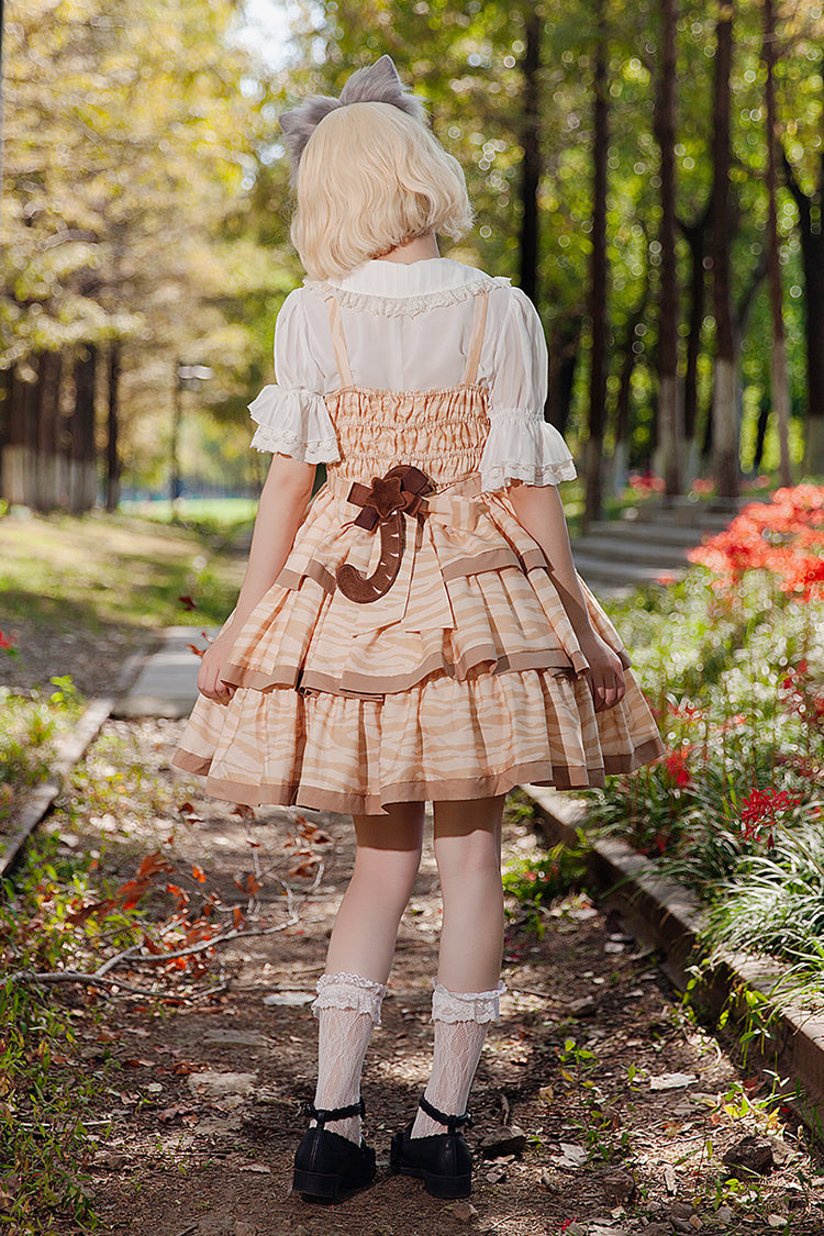 Aprikose [Cloth Cat] Süßes Lolita-Kleid mit dreilagigem Druck, Rüschen und Schleife