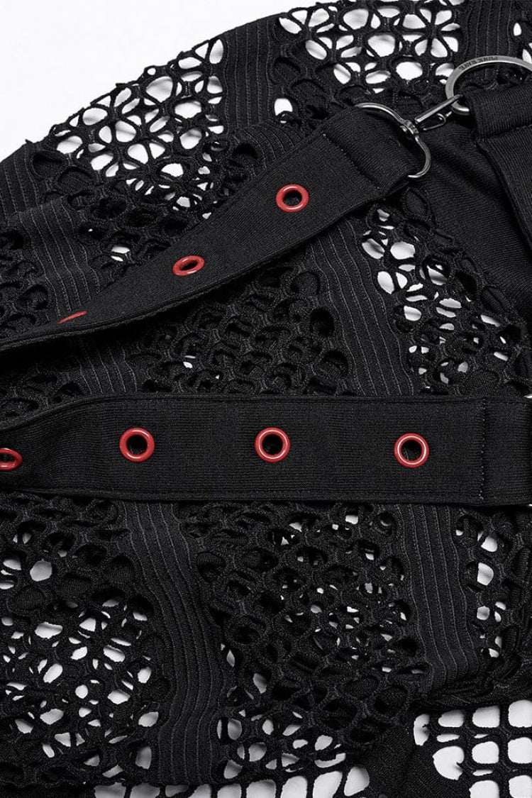 Black Long Sleeves Lace-Up Sheer Mesh Womens Steampunk T-Shirt