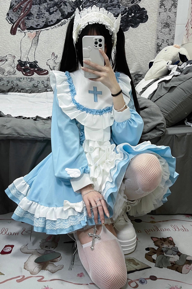 White/Blue Long Sleeves Multi-layer Cross Print Nun Style Ruffle Sweet Lolita Dress