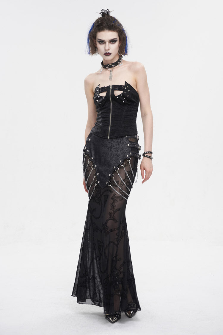 Black Mesh Splice Chain Fishtail Women's Gothic Skirt