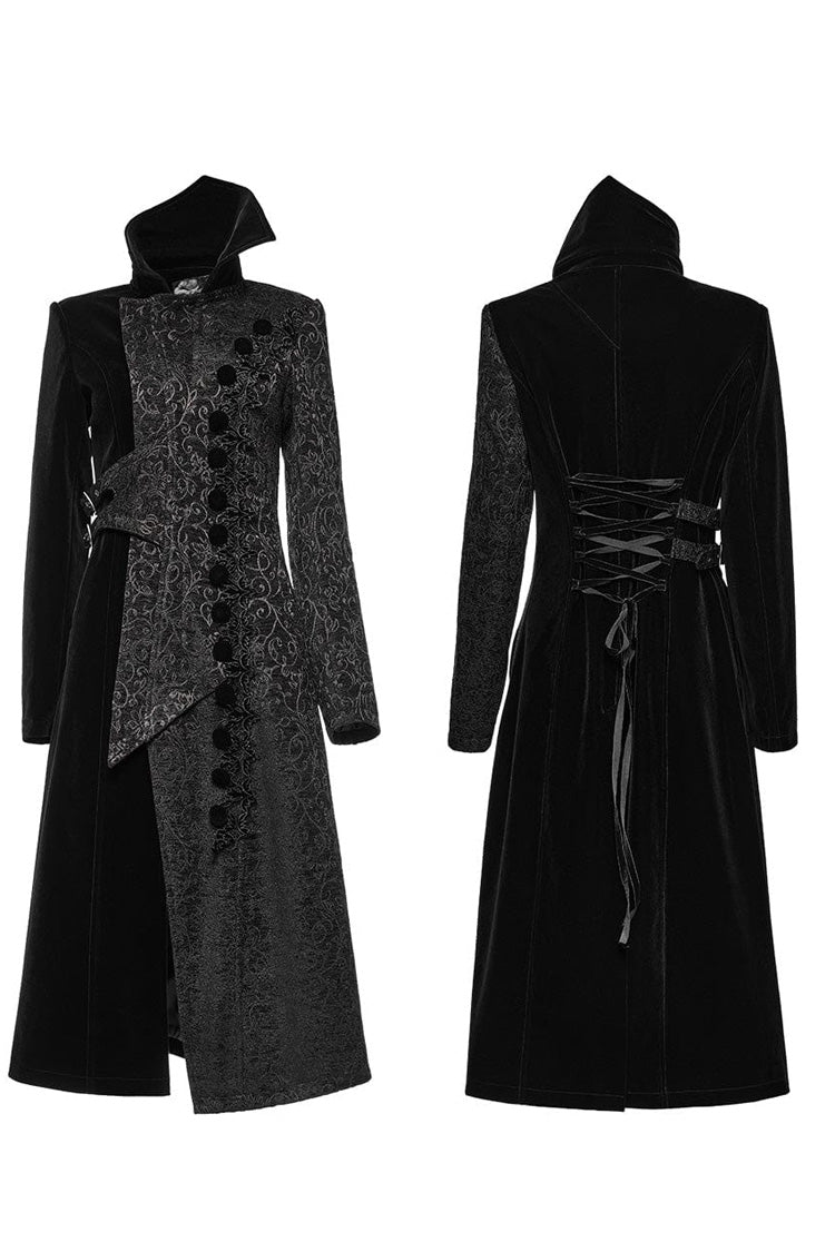 Black Stand Collar Jacquard Print Stitching Womens Gothic Coat