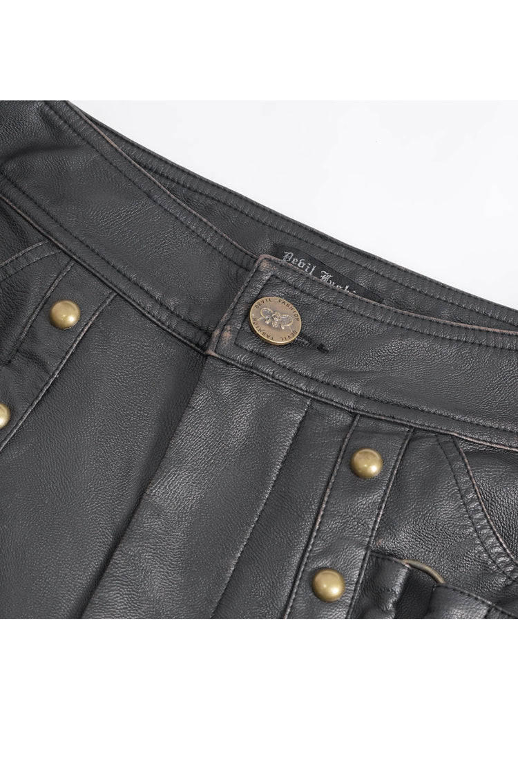 Black Big Pocket Bronze Studded Faux Leather Men's Gothic Pants