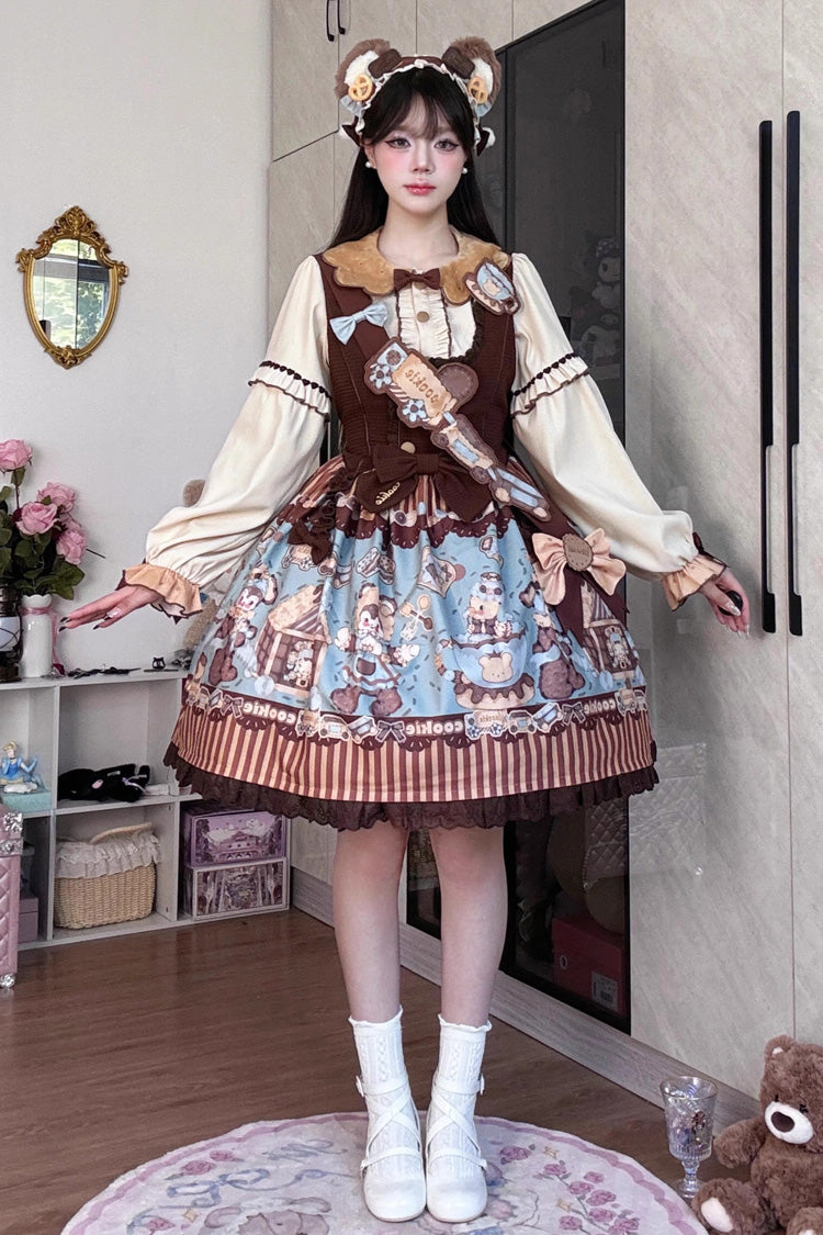 [Bear Cookies] Print Ruffle Bowknot Sweet Lolita JSK Dress 2 Colors