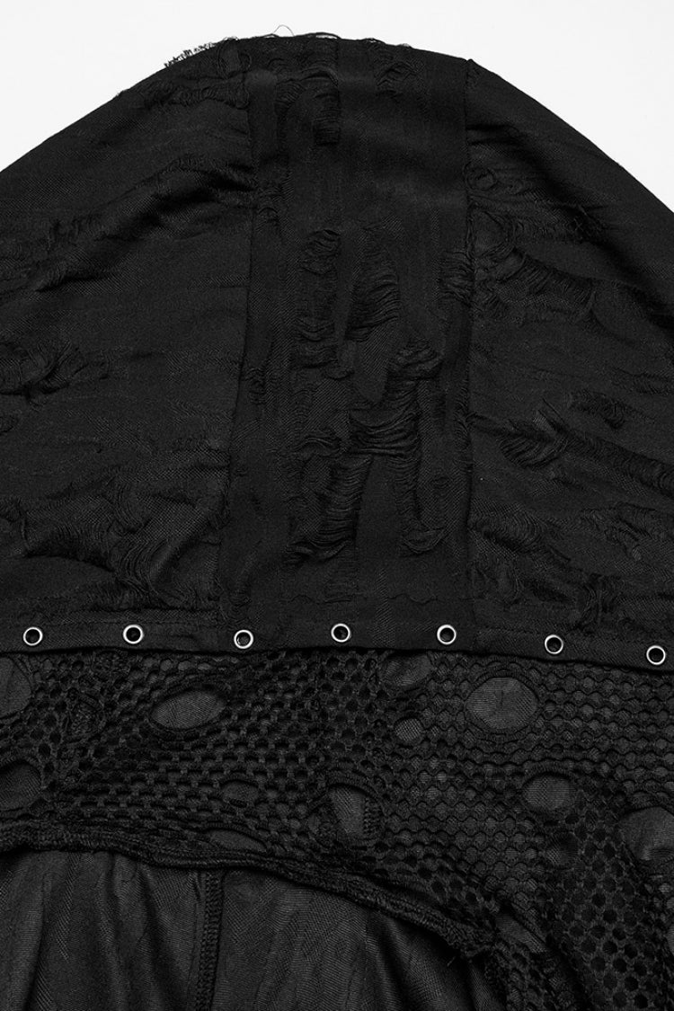 Black Long Sleeves Stitching Hooded Mesh Ripped Women's Gothic Coat