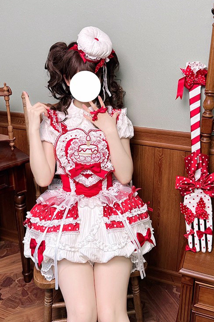Red/White [Twin Bears] Birthday Cake Sleeveless Print Ruffle Bowknot Lace Sweet Lolita Small Flower Bud Dress