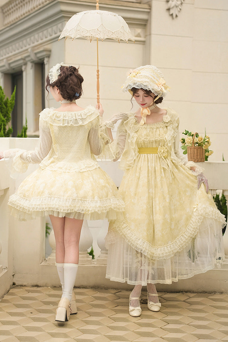 Yellow [Falling Flowers as a Message] Square Collar Flying Sleeves Print Ruffle Lace Sweet Elegant Lolita Short Dress