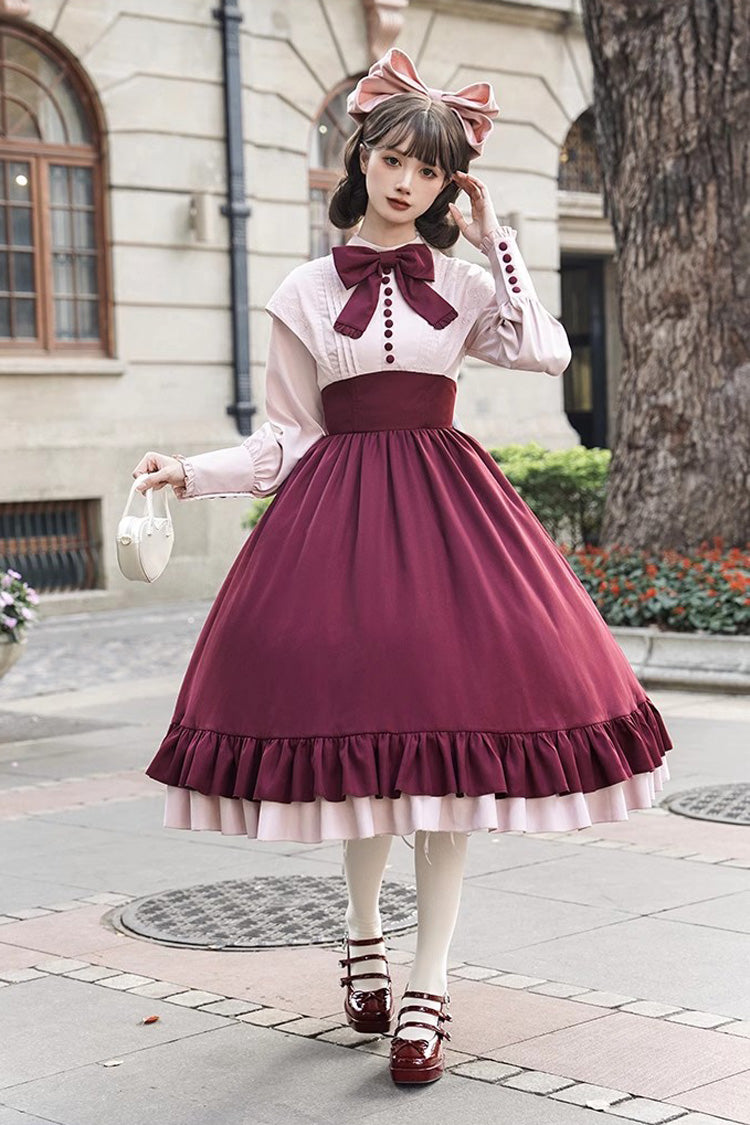 Rose Embroidery Long Sleeves Ruffle Bowknot Fake Two Pieces Elegant Lolita Dress 2 Colors