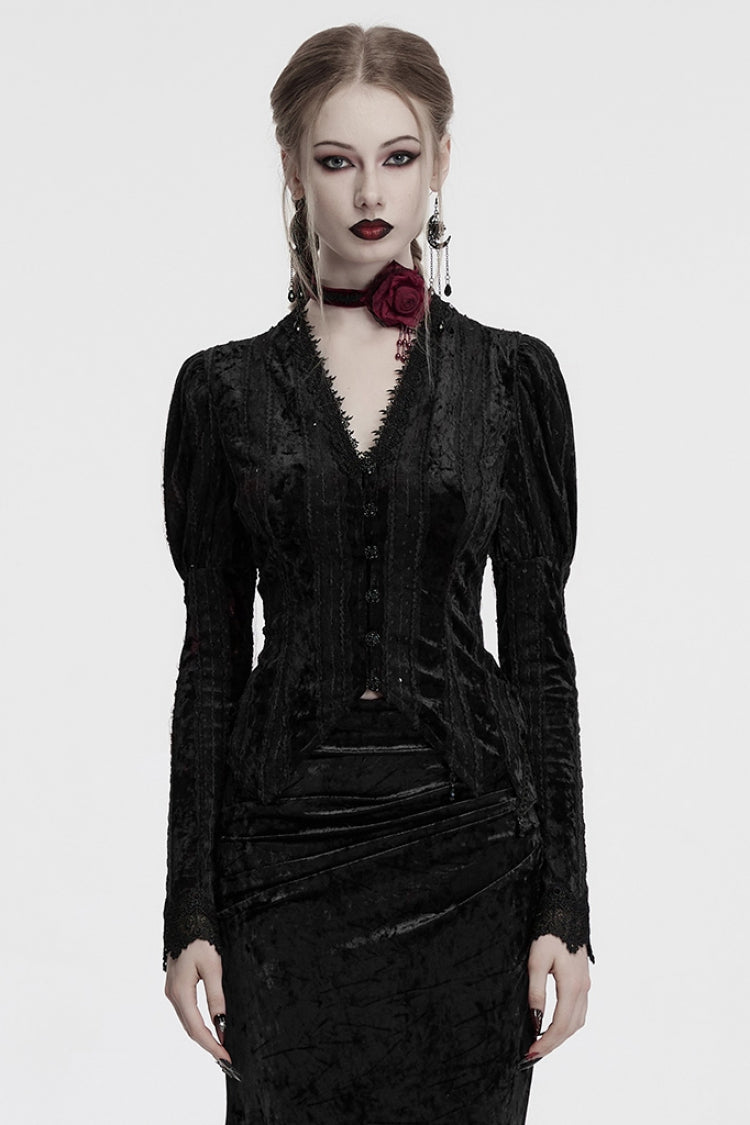 Black V Collar Long Puff Sleeves Women's Gothic Blouse