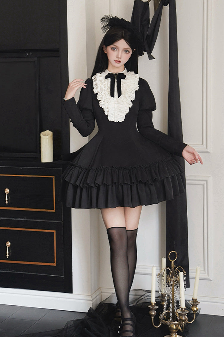 Black [Miss Weir] Stand Collar Long Sleeves Double-Layered Ruffle Gothic Lolita Dress