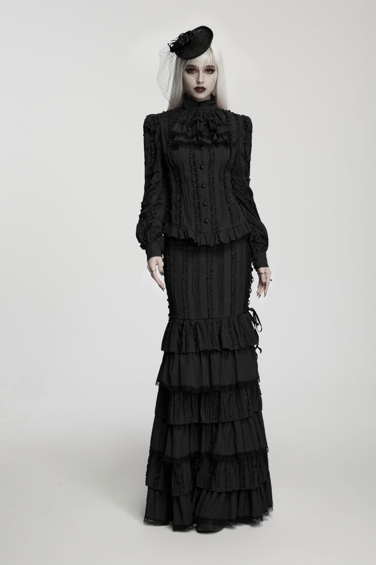 Schwarzer Stehkragen, lange Laternenärmel, Rüschen, Spitze, Schnürung, schmale Passform, abnehmbare Damen-Gothic-Vintage-elegante königliche Bluse
