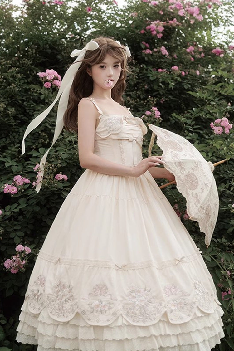 Abricot [Papillon Fantaisie] Robe Lolita Sweet Princess à Volants à Trois Couches avec Noeud Papillon Broderie en Dentelle Jsk 