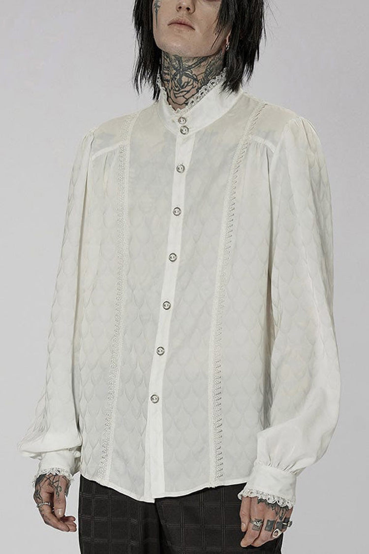 White Punk Turtleneck Dragon Scale Jacquard Long Lantern Sleeves Lace Edge Men's Shirt