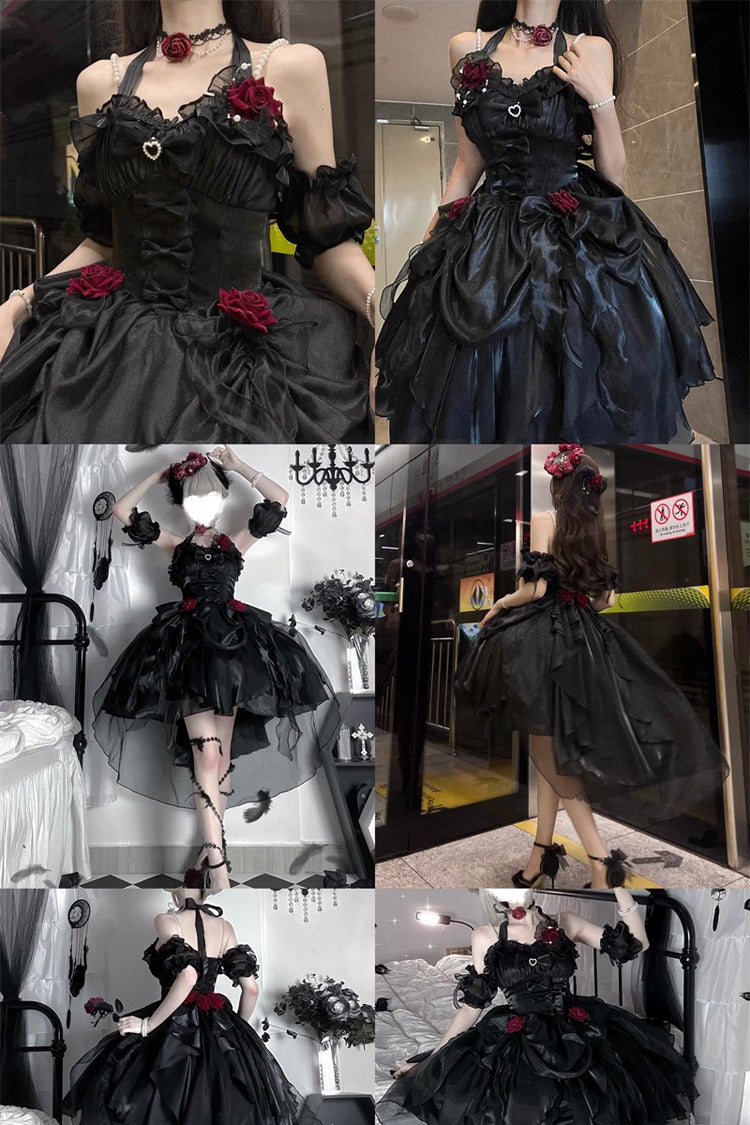 Black [Cindy Rose] Halterneck Sleeveless Ruffle Bowknot Gothic Elegant Lolita Jsk Dress