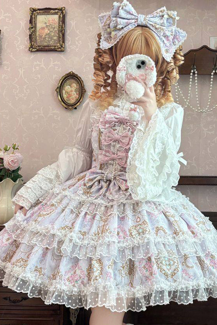 Purple [Candelabrum Elegy] Sleeveless Triple-Layered Flower Wall Printed Ruffled Bow Lace Sweet Lolita Jsk Dress
